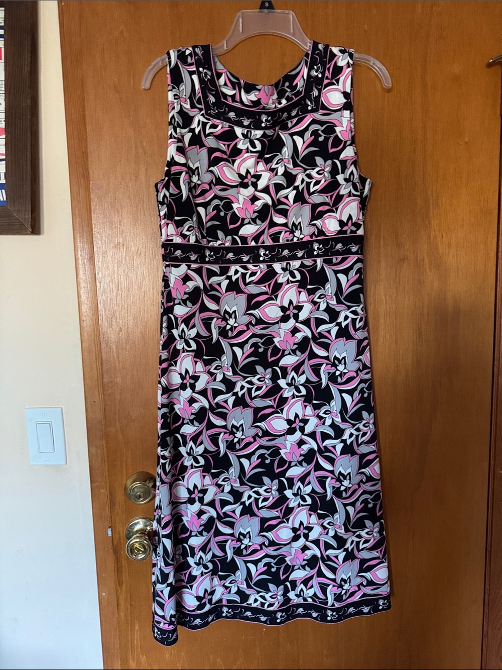 Tahari Sleeveless Black Floral A-Line Dress with Pink and White Accents
